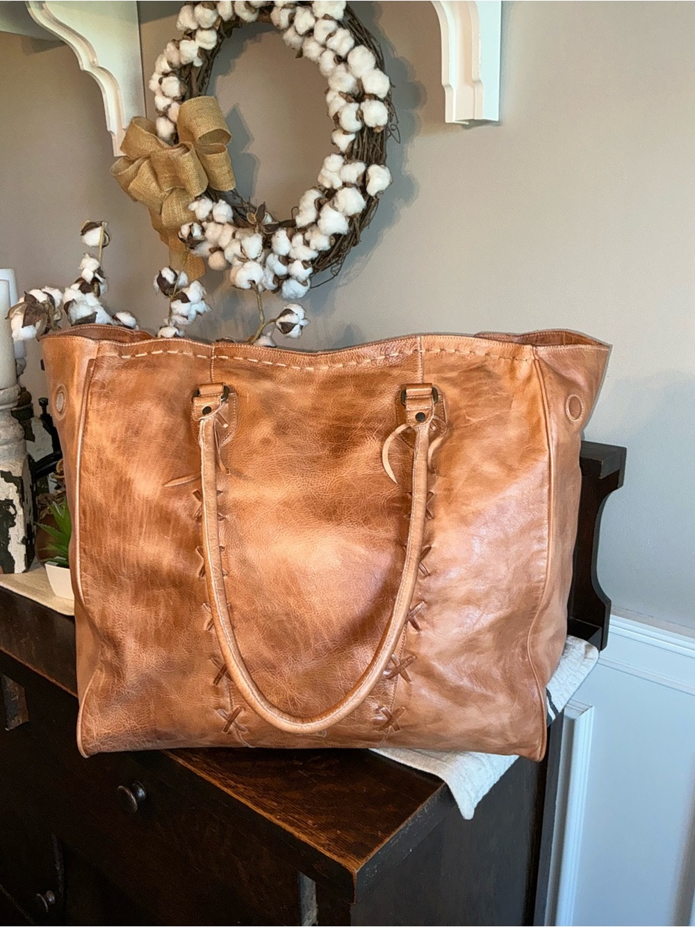 NWOT Bed Stu Rebekah Leather Shoulder Travel Weekend Bag XL Tote Tan Rustic $520